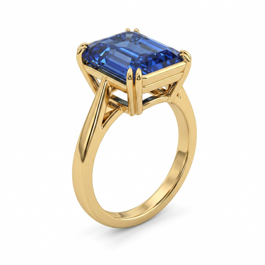 8.5x6.5 mm Blue Emerald Cut Lab Sapphire Engagement Ring