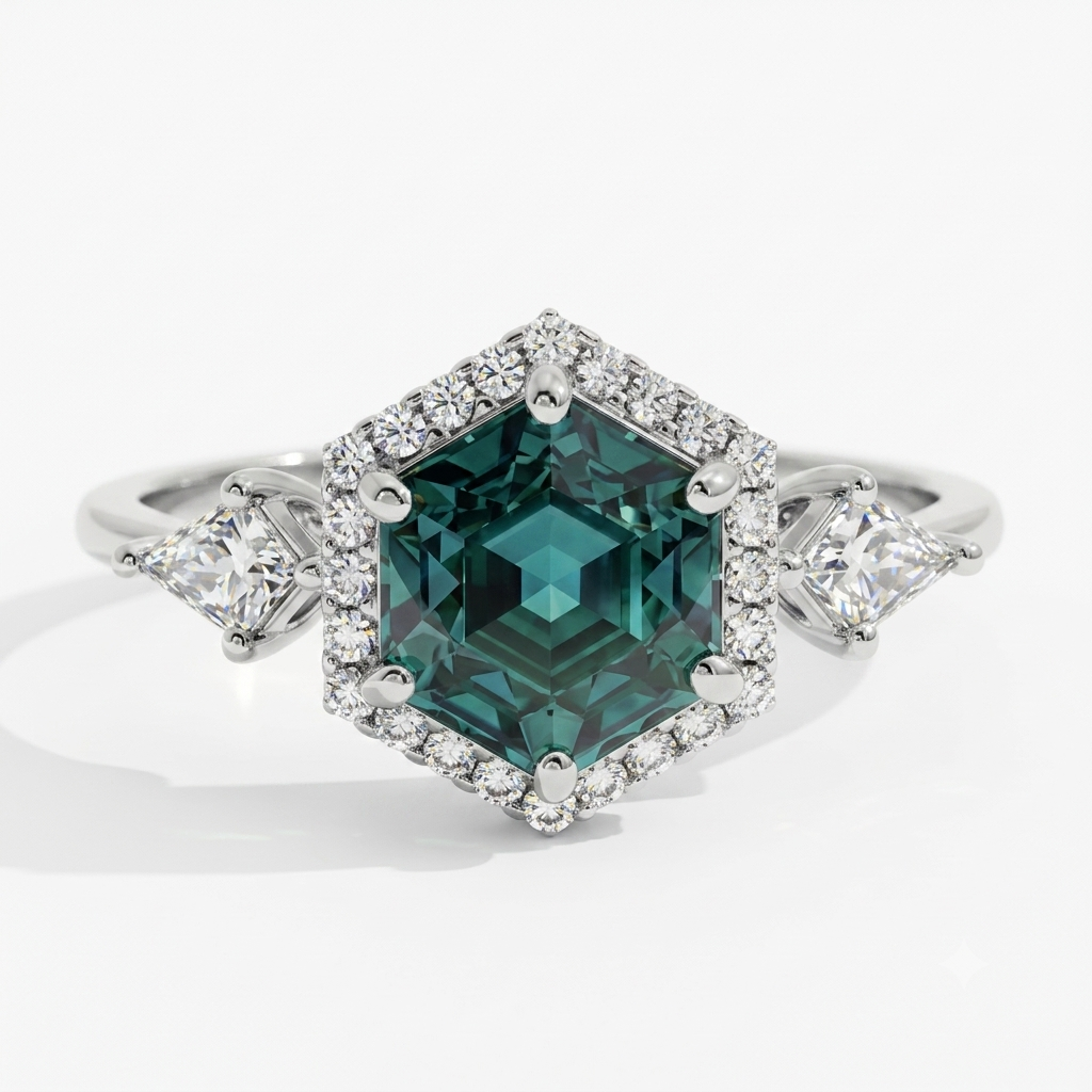 1.32 Ct Hexagon Lab Diamond Ring  - Green  Halo Engagement