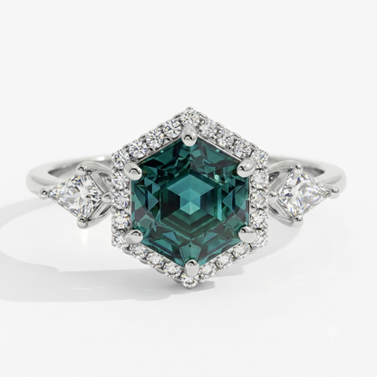 1.32 Ct Hexagon Lab Diamond Ring  - Green  Halo Engagement