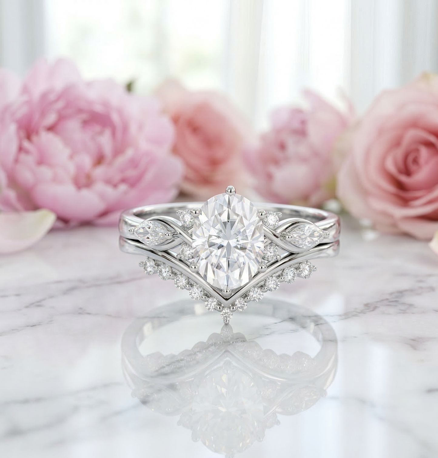1.560CT Oval Lab Grown Diamond Engagement Ring Set