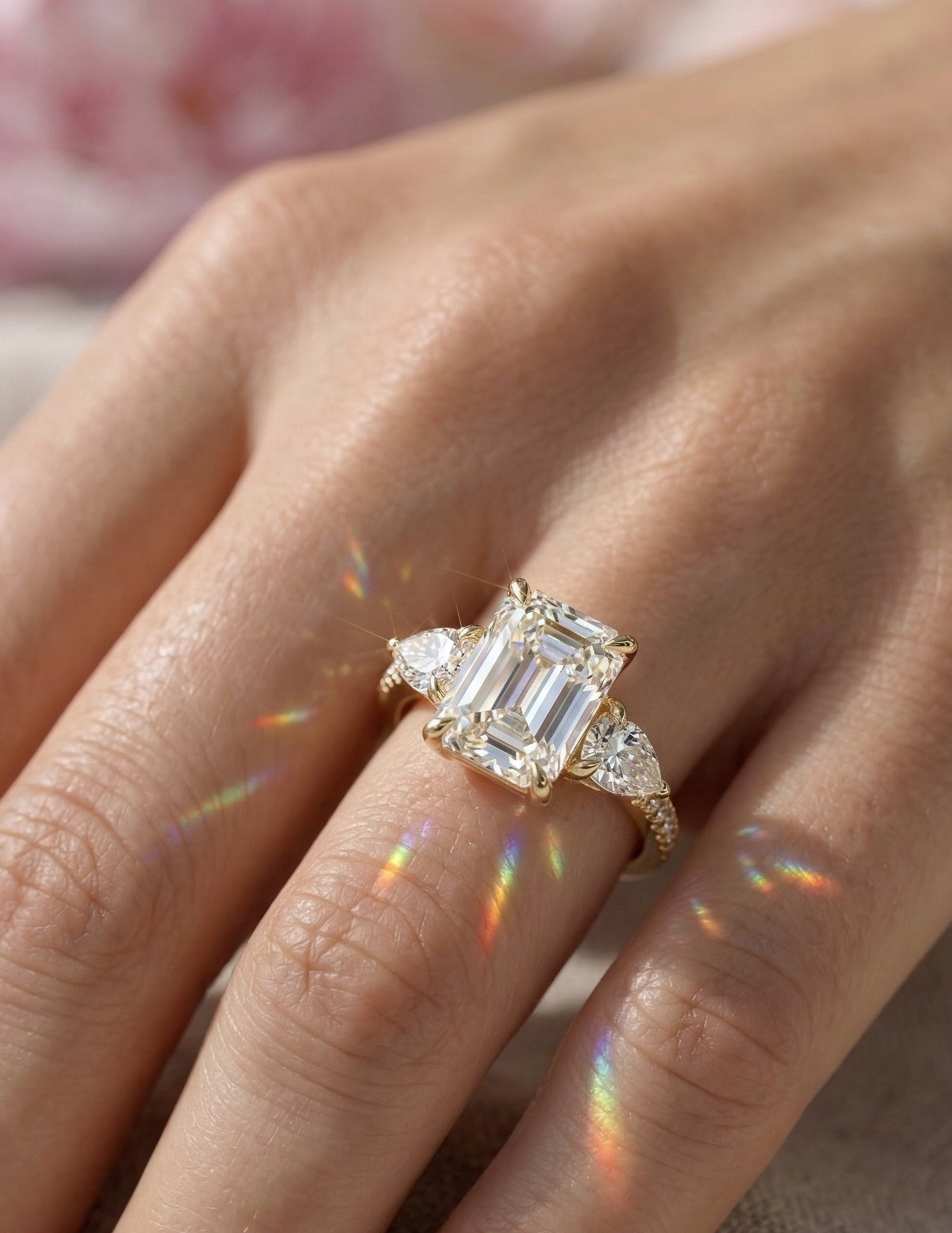 three stone emerald cut ring​

