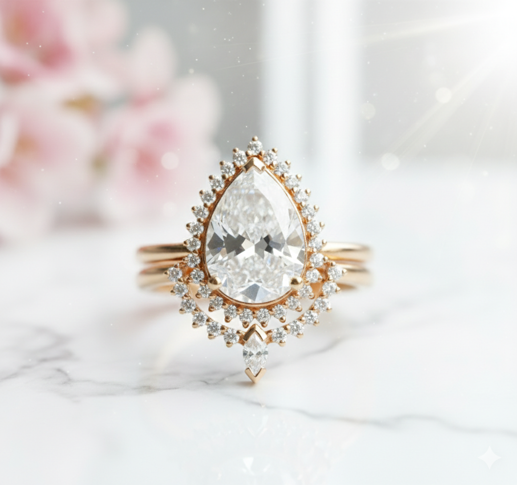 1.40CT Pear Cut  Halo Engagement Ring – 14K Gold Bridal Set