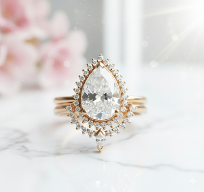 1.40CT Pear Cut  Halo Engagement Ring – 14K Gold Bridal Set