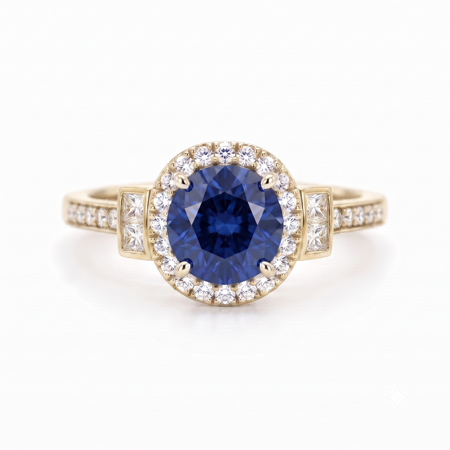 1.500 CT Round Cut Halo Blue Sapphire Lab Grown Diamond Engagement Ring