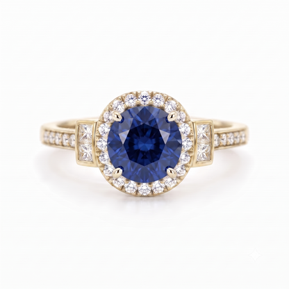 1.500 CT Round Cut Halo Blue Sapphire Lab Grown Diamond Engagement Ring