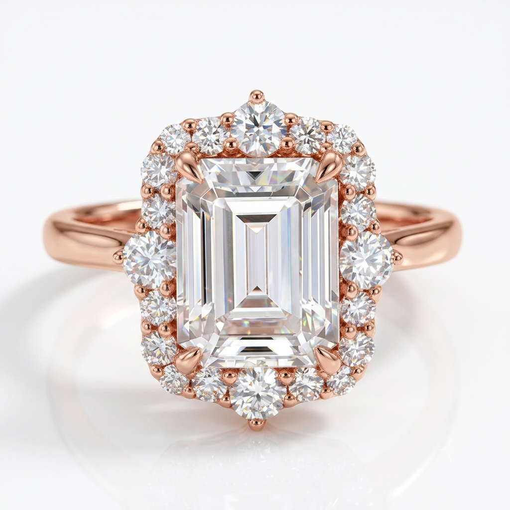 3CT Emerald Cut Lab Grown Diamond Engagement Ring • Vintage Yellow Gold Halo Ring