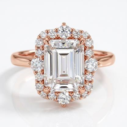 3CT Emerald Cut Lab Grown Diamond Engagement Ring • Vintage Yellow Gold Halo Ring