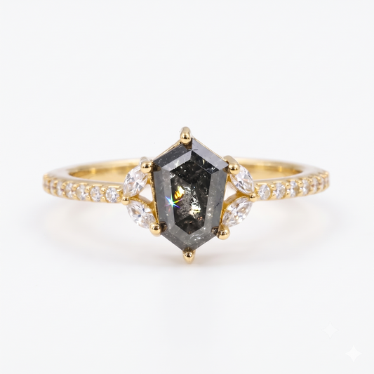 0.90ct Hexagon cut salt and pepper Engagement Diamond Ring