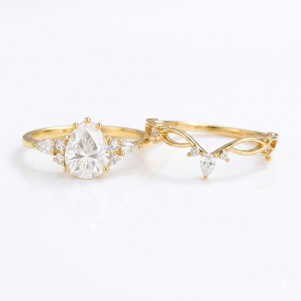 1.60 ct Pear Lab Diamond Ring Set | Rose Gold Engagement
