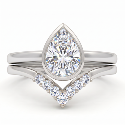 1.10 Ct Pear Cut Lab Grown Diamond Bridal Set – Bezel Engagement Ring