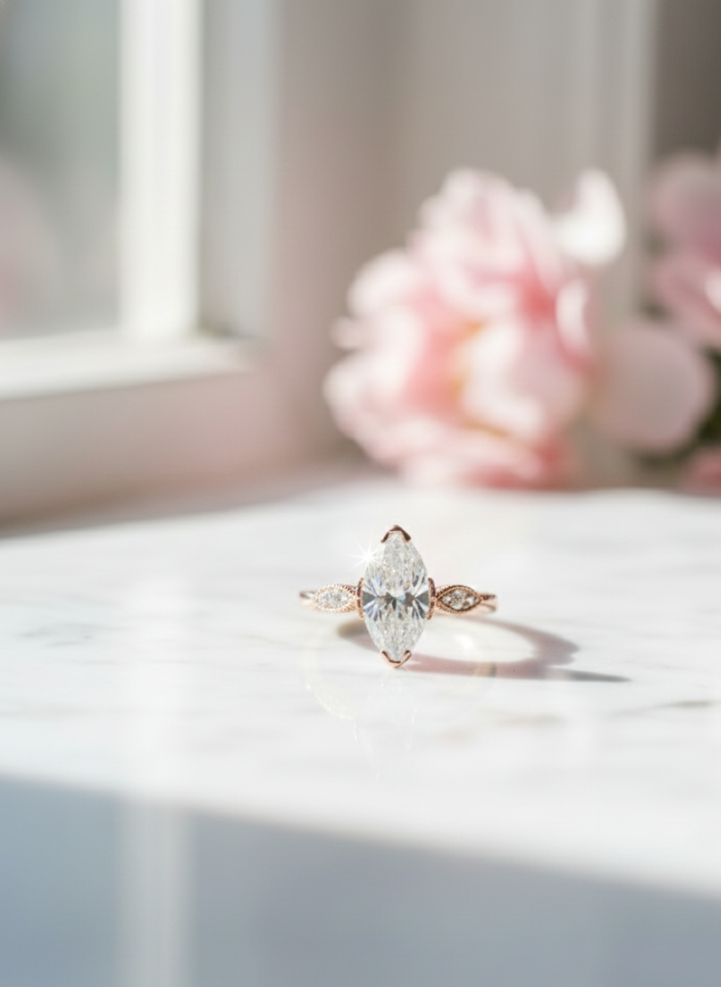 2.0 CT Marquise Cut Moissanite Engagement Ring, Vintage Inspired Ring