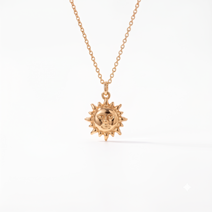 14k Gold Celestial Sun Face Pendant Necklace