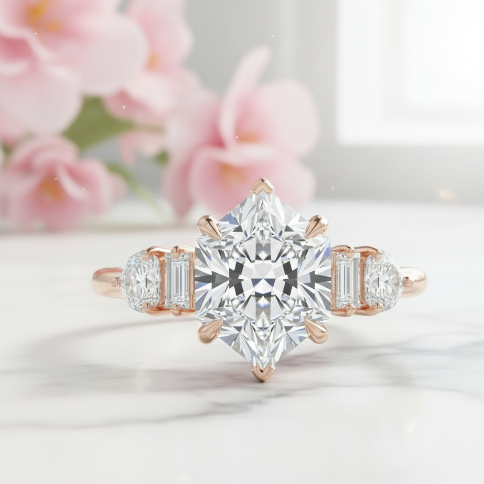 1.650ct Hexagon Lab-Grown Diamond Three Stone Engagement Ring