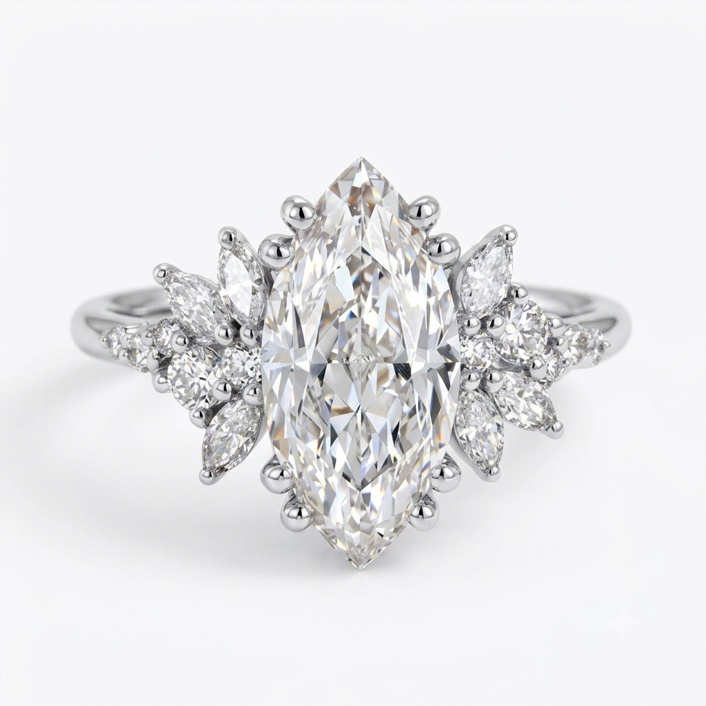 1.50ct Marquise Cut Lab Grown Cluster Engagement Ring • Vintage Art Deco Promise Ring