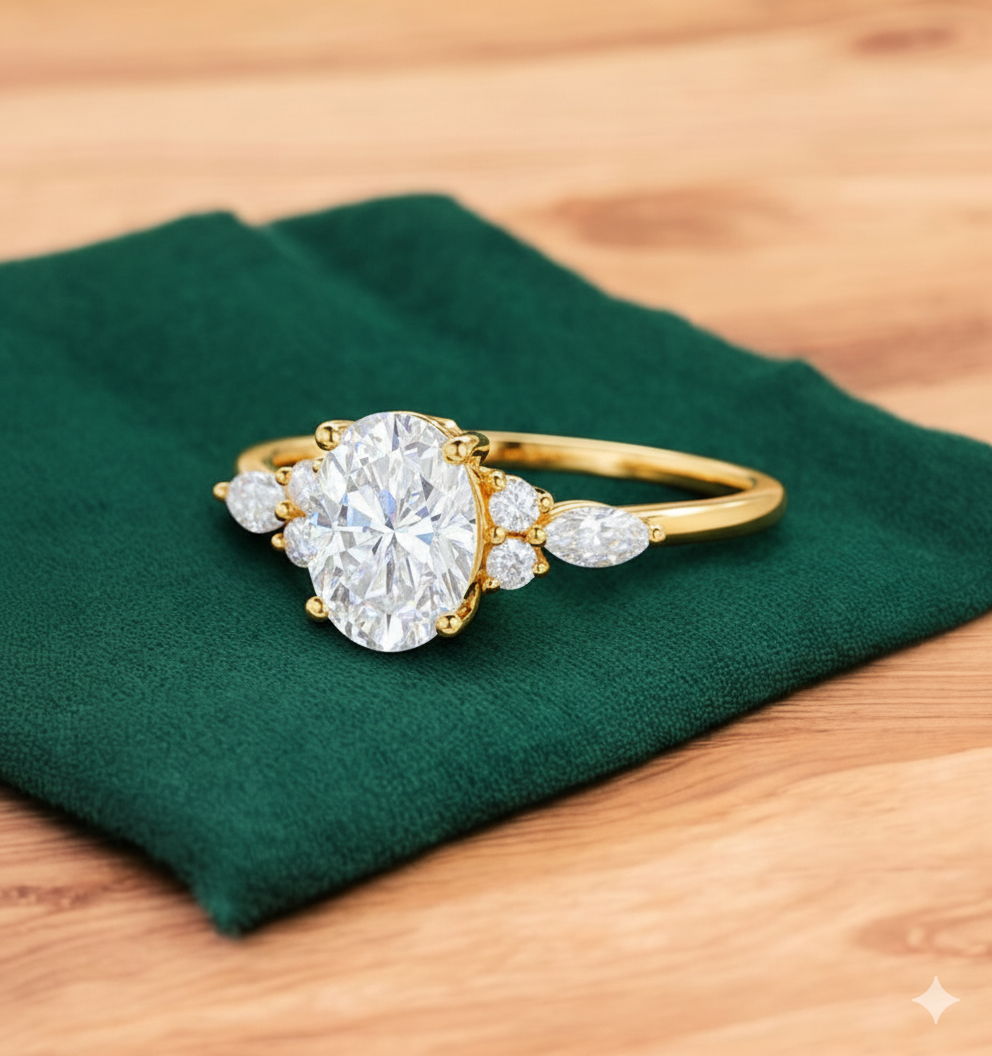 1.50ct Oval Cut Lab Grown Diamond Engagement Ring, Cluster Bridal Ring