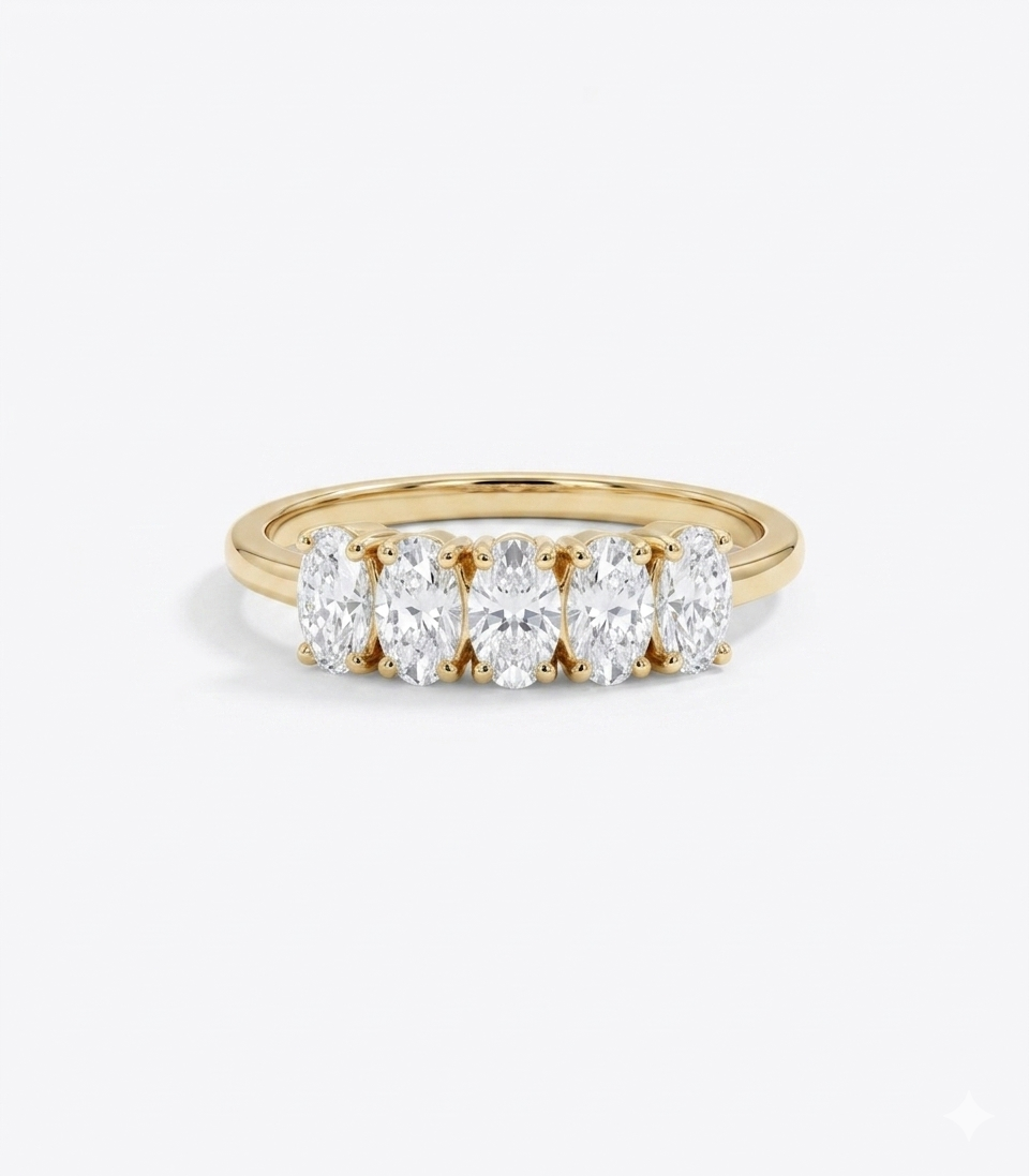 1.50Ct Oval Cut Lab Grown Diamond 5 Stone Engagement Ring • 14K Yellow Gold Band