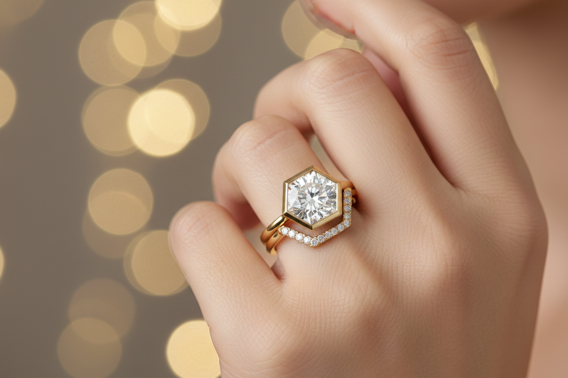 1.30 Ct Hexagon Cut Lab Grown  Engagement Ring Set