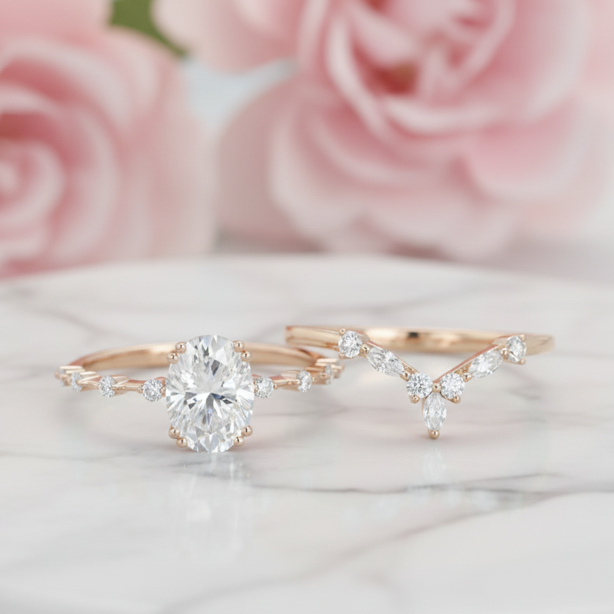 1.50 Ct Oval Moissanite Engagement Ring Set – 14K Gold