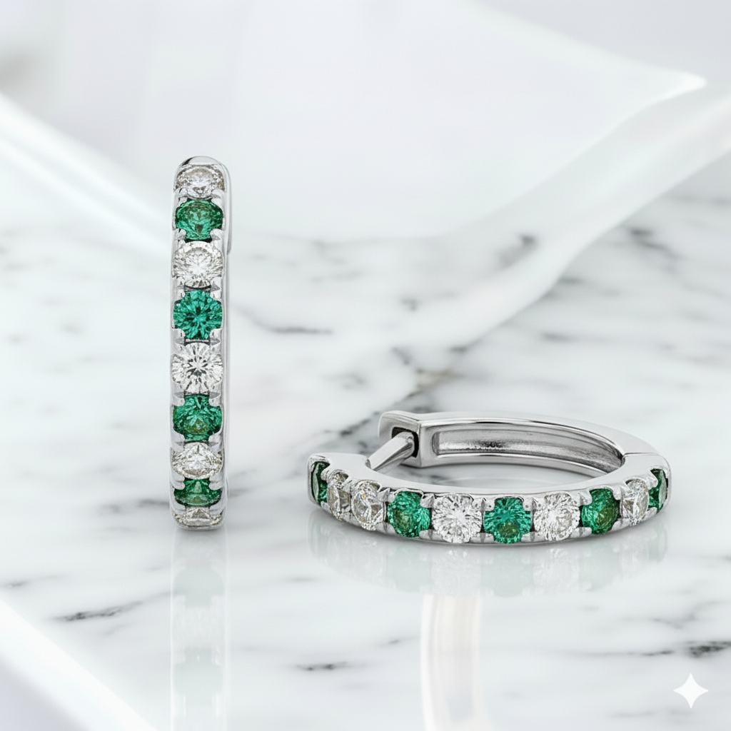 Alternating Lab Grown Diamond and Emerald Petite Hoop Earrings