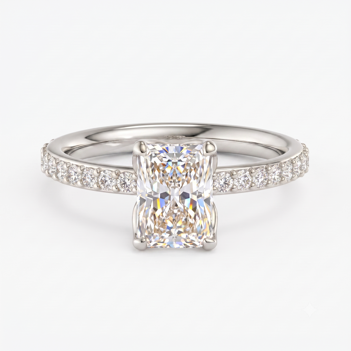 1.5 CT Radiant Cut Lab Grown Solitaire Hidden Halo Half Eternity Engagement Ring