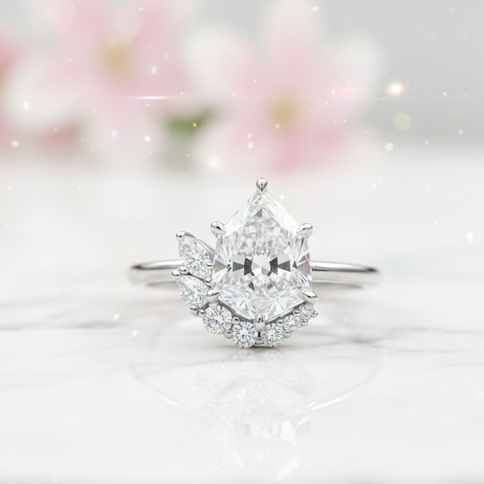 1.80 Ct Pear Cut Lab Grown Diamond Halo Engagement Ringh