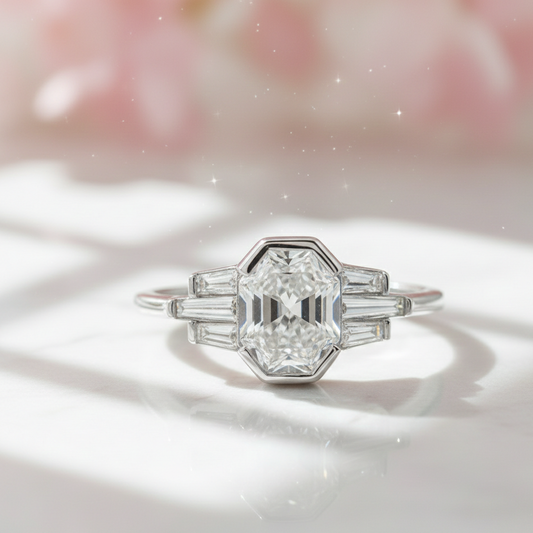 Hexagon Engagement Ring with Baguette Side Stones