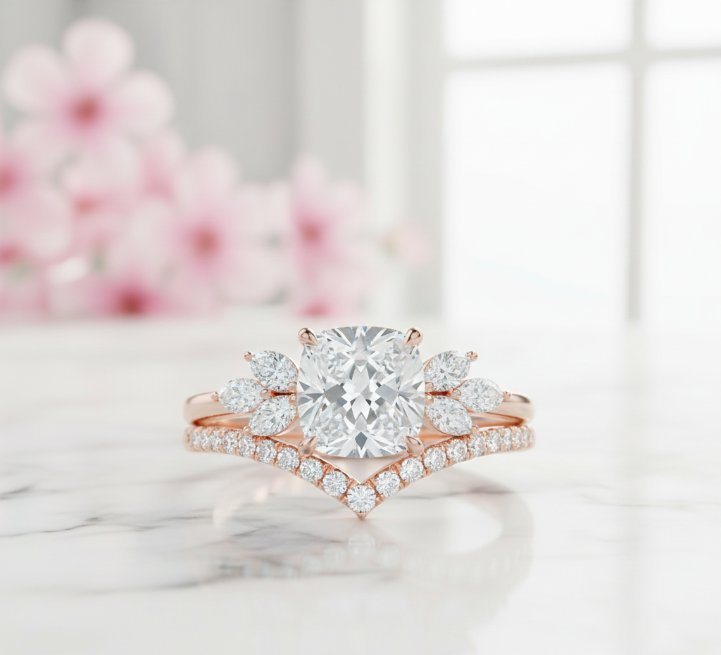 1.65 Ct Cushion Cut Diamond Bridal Set – Floral Halo Ring