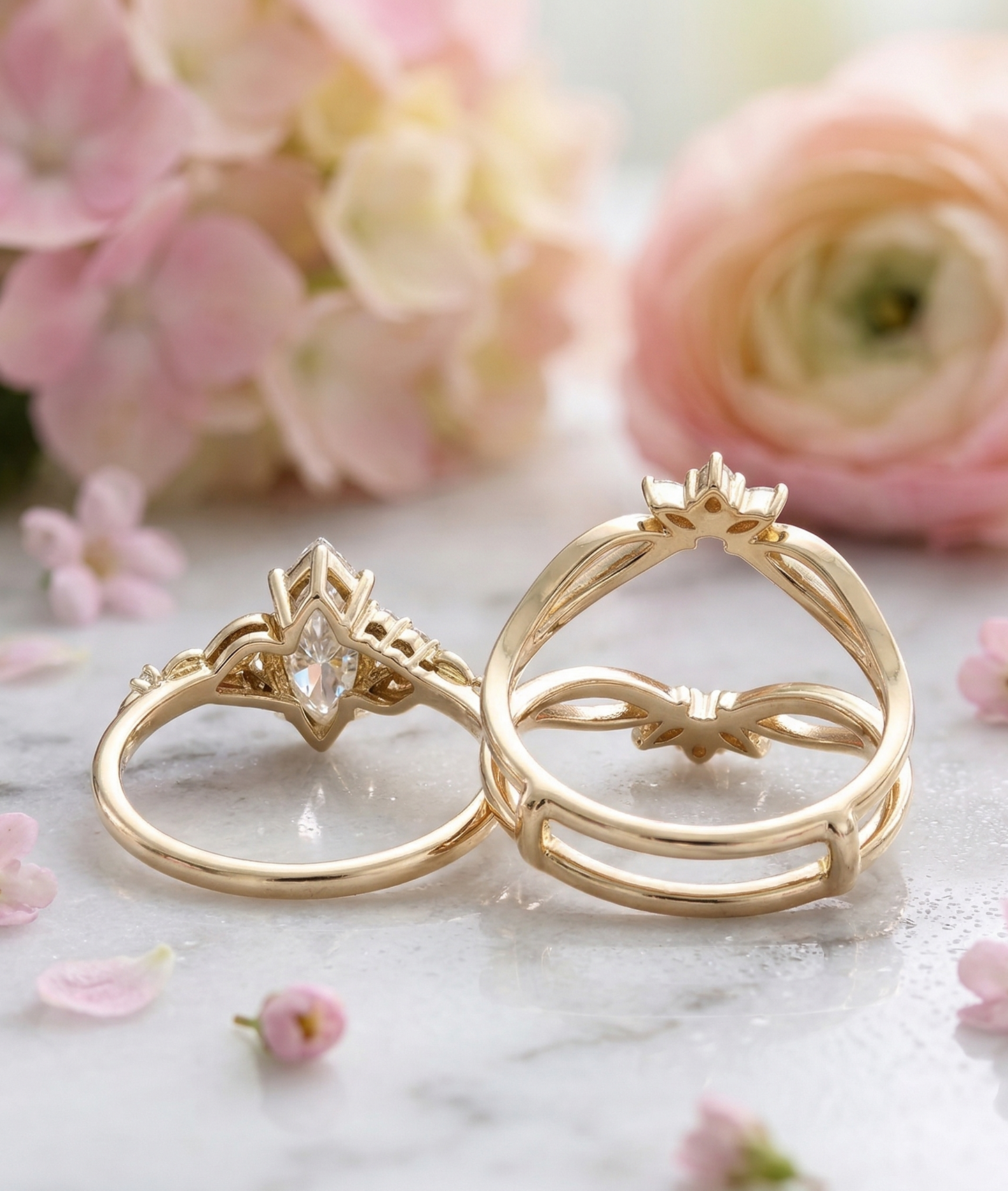 1.510CT Marquise Lab Diamond Leaf Bridal Ring Set