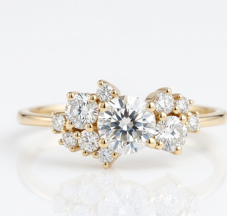 1.10 CT Round Cut Cluster Engagement Ring - 14K Gold