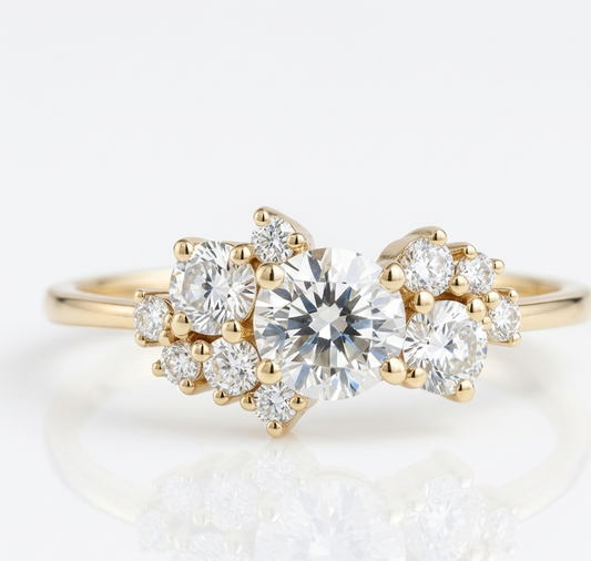 1.10 CT Round Cut Cluster Engagement Ring - 14K Gold