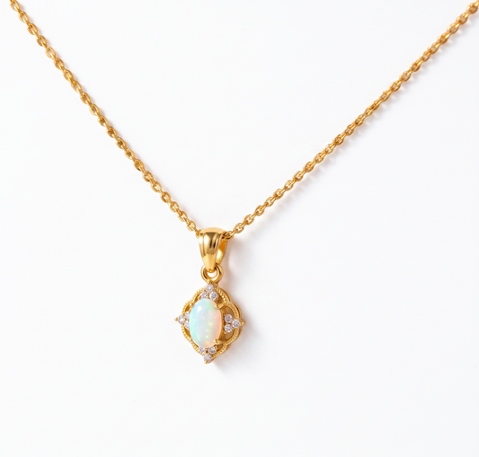 14K Gold Oval Opal Pendant Necklace
