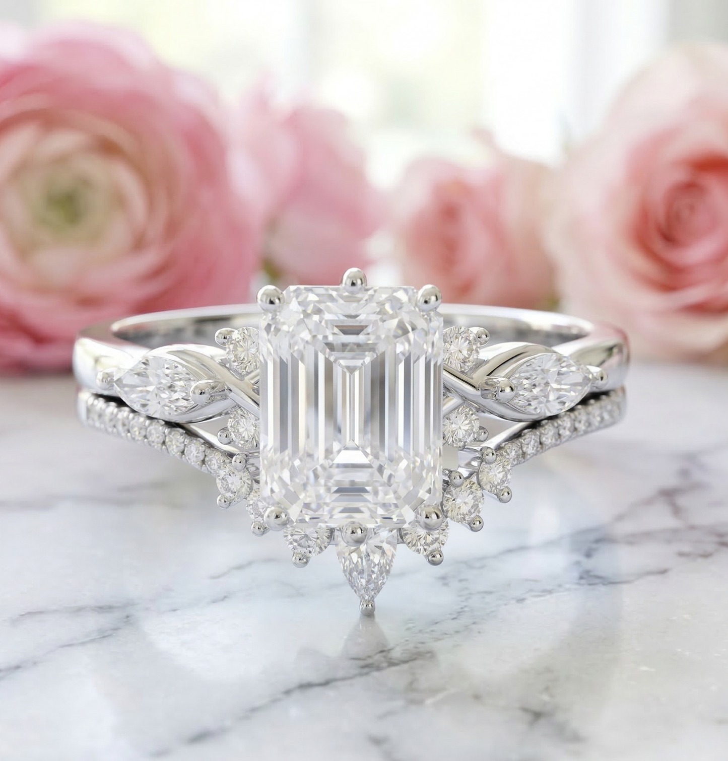2.130ct Emerald Cut Lab-Grown Diamond Engagement Ring Set