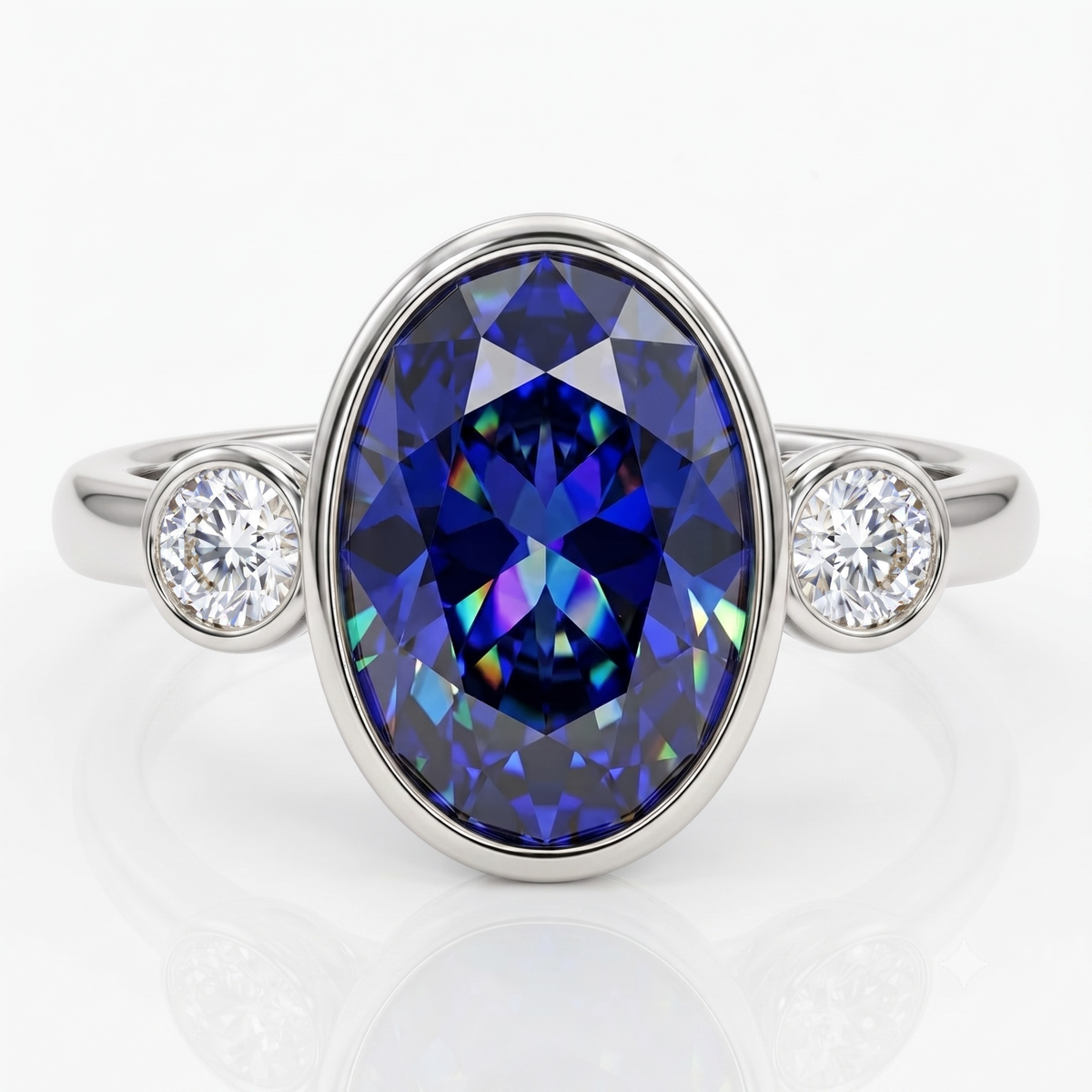 Blue Sapphire Oval Birthstone Bezel Setting Three Stone Engagement Ring