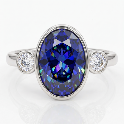 Blue Sapphire Oval Birthstone Bezel Setting Three Stone Engagement Ring