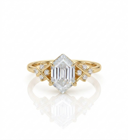 Lab Grown Diamond Hexagon Engagement Ring • Vintage Yellow Gold Cluster Bridal Ring