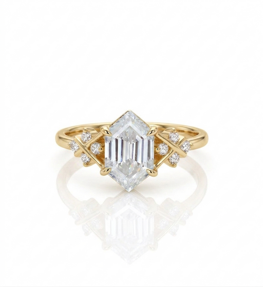 Lab Grown Diamond Hexagon Engagement Ring • Vintage Yellow Gold Cluster Bridal Ring