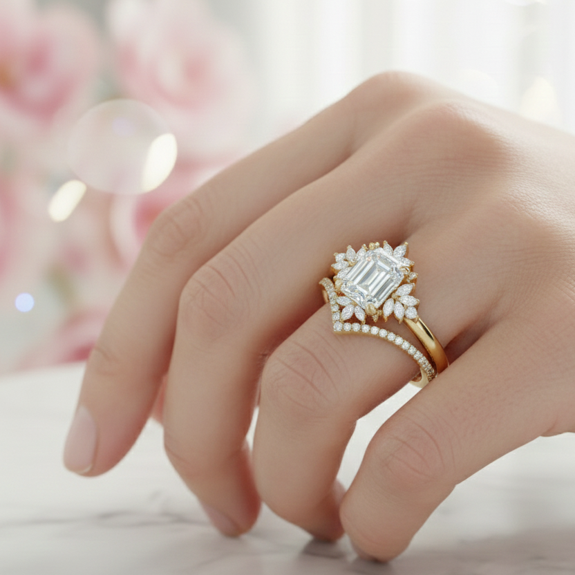 1.70 Ct Emerald Cut Moissanite Engagement Ring Set