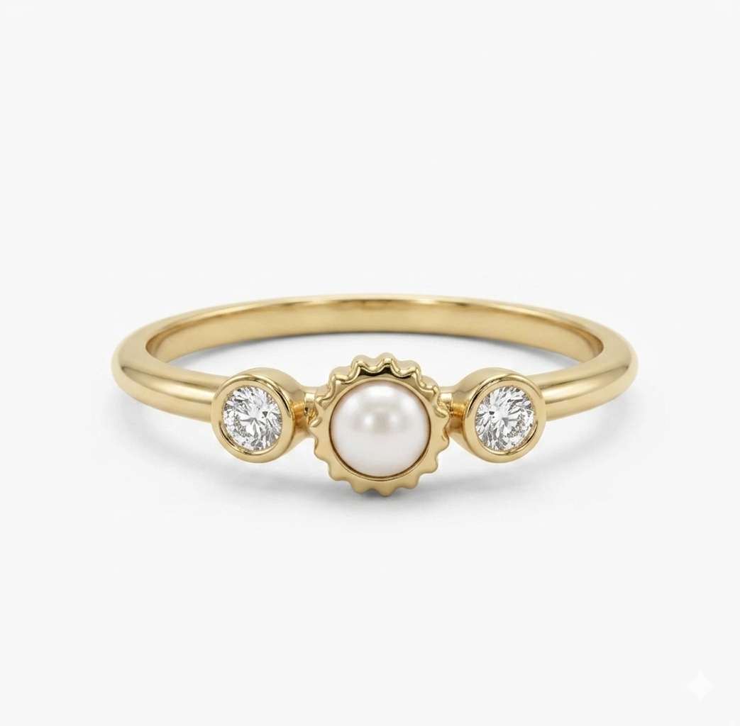 Pearl & Diamond Dainty Ring | 14K Solid Gold Stacking Jewelry