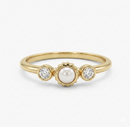 Pearl & Diamond Dainty Ring | 14K Solid Gold Stacking Jewelry