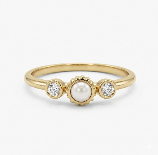 Pearl & Diamond Dainty Ring | 14K Solid Gold Stacking Jewelry