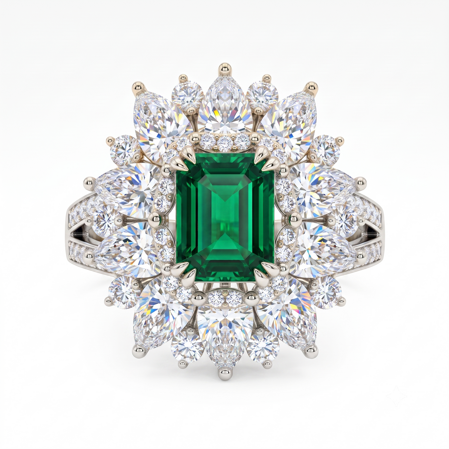 4.30 CT Emerald Cut Emerald Floral Halo Engagement Ring in Gold