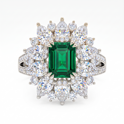 4.30 CT Emerald Cut Emerald Floral Halo Engagement Ring in Gold