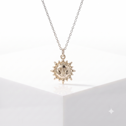 14k Gold Celestial Sun Face Pendant Necklace