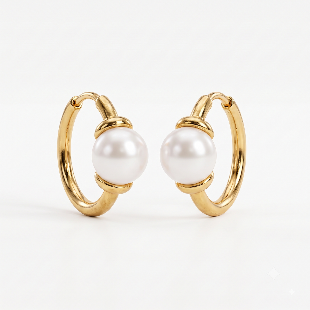 14K Gold Pearl Huggie Hoop Earrings with 4mm White Pearls
