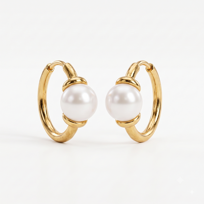 14K Gold Pearl Huggie Hoop Earrings with 4mm White Pearls