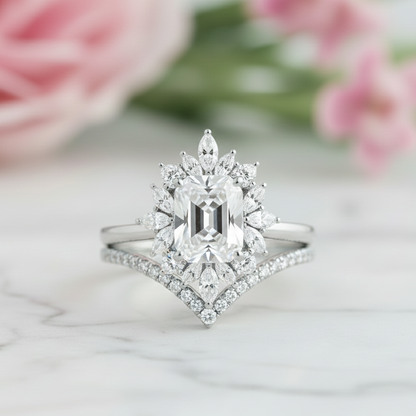 1.70 Ct Emerald Cut Moissanite Ring Set – Chevron Band