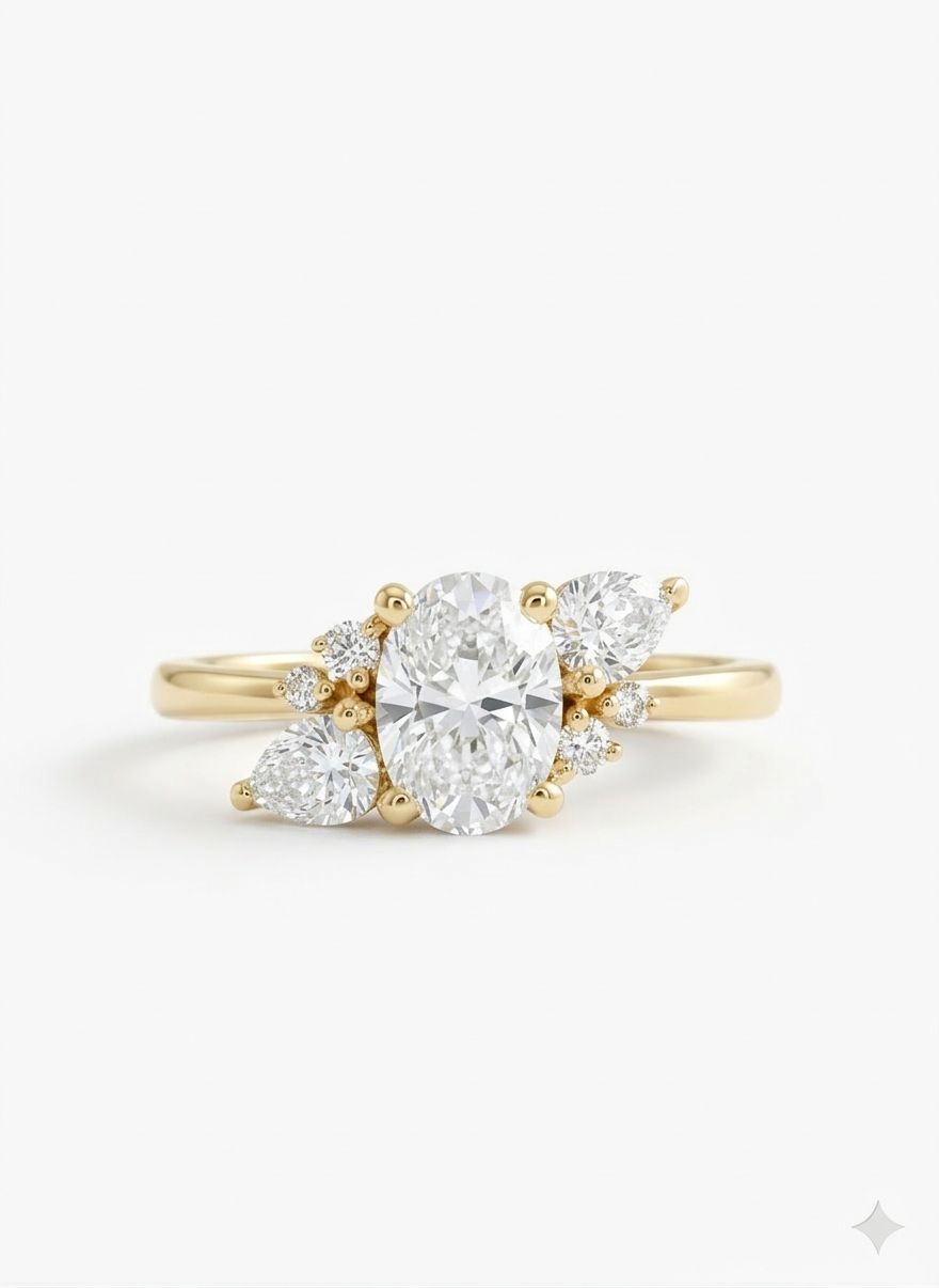 Elegant 1.70 CT Oval Engagement Ring – 14K Gold Cluster Design