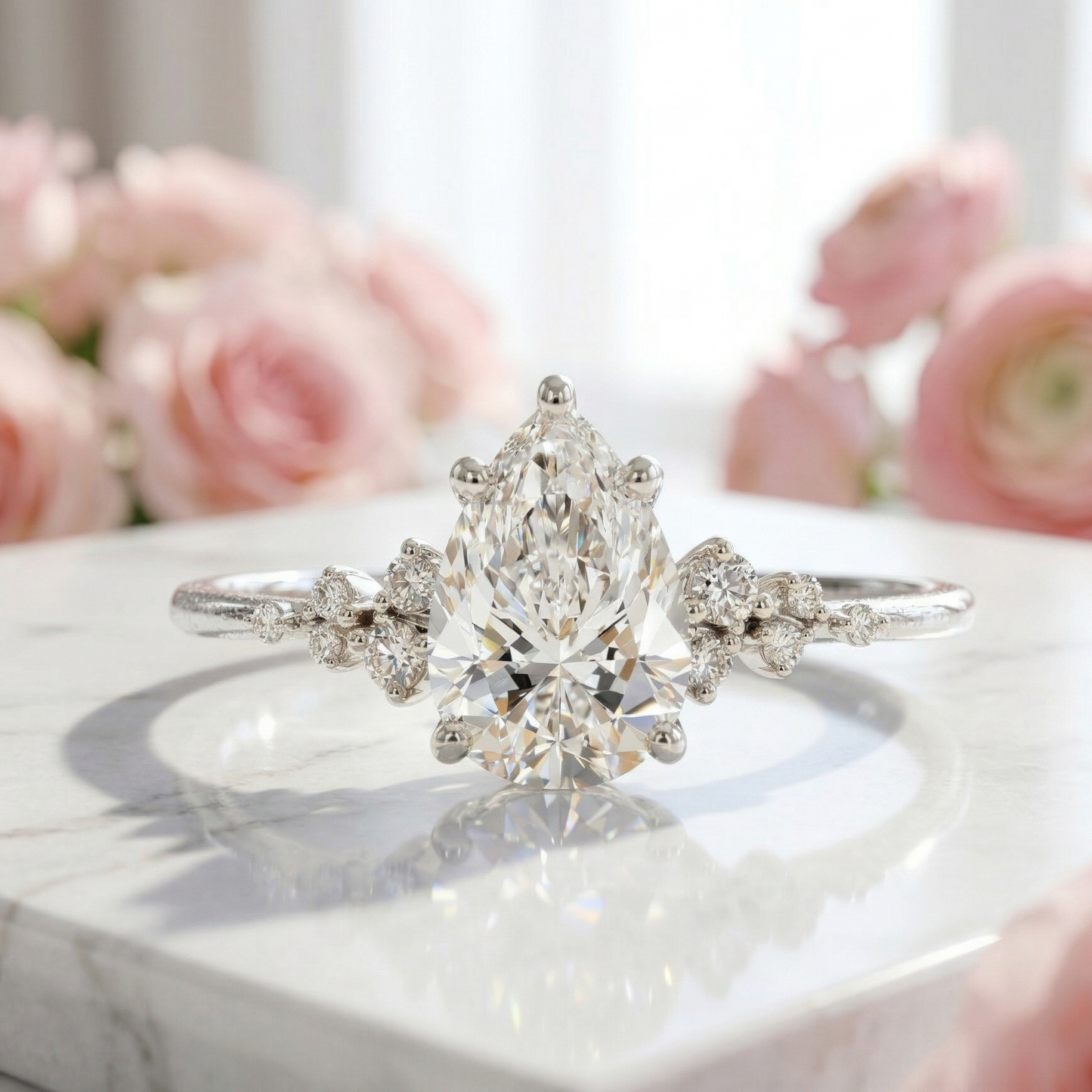 2.100CT Pear Lab Diamond Floral Cluster Engagement Ring