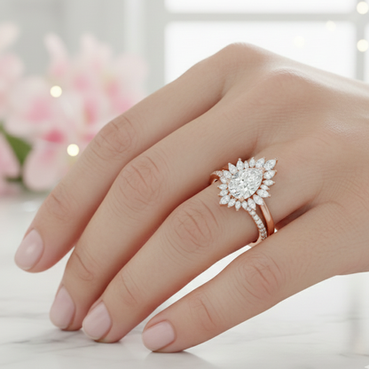 1.80 Ct Pear Cut Floral Halo Lab-Grown Ring Set