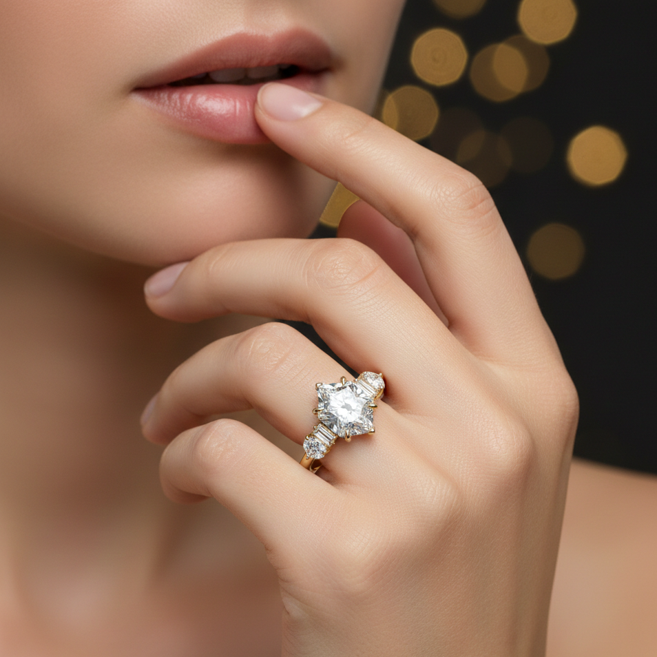 1.650ct Hexagon Lab-Grown Diamond Three Stone Engagement Ring